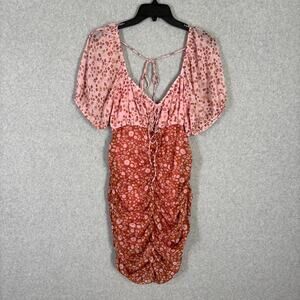 Free People Dress Medium Pink Brown Floral Mini Tessa‎ Ruched Puff Boho Cottage